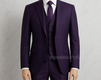 Traje de tres piezas entallado color burdeos y ciruela: esmoquin para boda y graduación