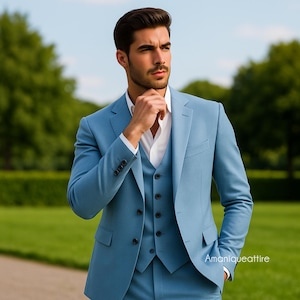 Sky Blue Men’s 3 Piece Suit | Wedding Groom Suit | Formal Business Suit for Men | Custom Tailored Slim Fit Tuxedo |