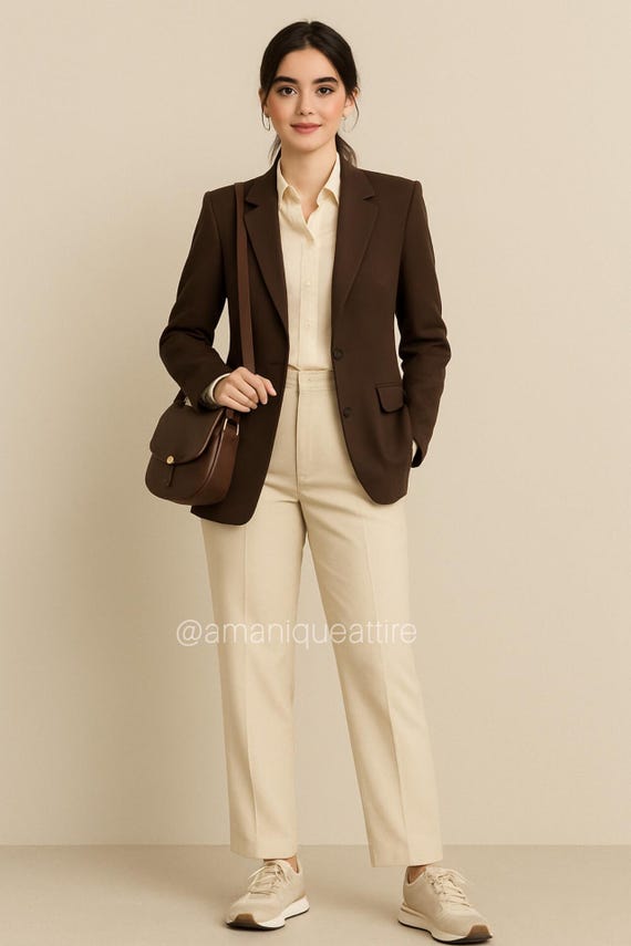 Brown Blazer and Cream Pants Set: Women's Two-Piece Business Suit