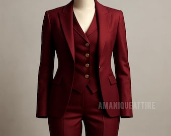 Deep Red Women’s Three-Piece Suit – Tailored Blazer, Vest & Pants