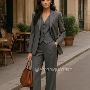 Women&#39;s Charcoal 3 Piece Suit | Tailored Blazer, Vest & Wide-Leg Trousers | Formal Business Pantsuit | Custom Made Women&#39;s Suit
