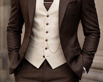 Bruin en beige driedelig herenpak | Op maat gemaakte trouwoutfit