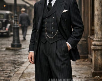 May include: A man's black pinstripe suit with a matching vest and hat. The suit has a double-breasted jacket and wide-leg pants. The outfit includes a white dress shirt and black tie. The image is set in a vintage city scene.