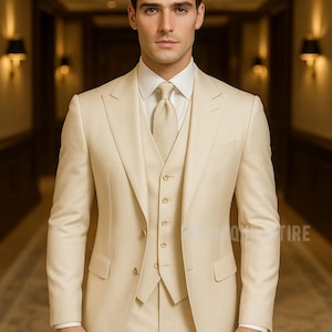 Men’s Cream Ivory Three Piece Suit | Slim Fit Wedding Suit for Groom | Formal Blazer Vest Pants Set | Amaniqueattire