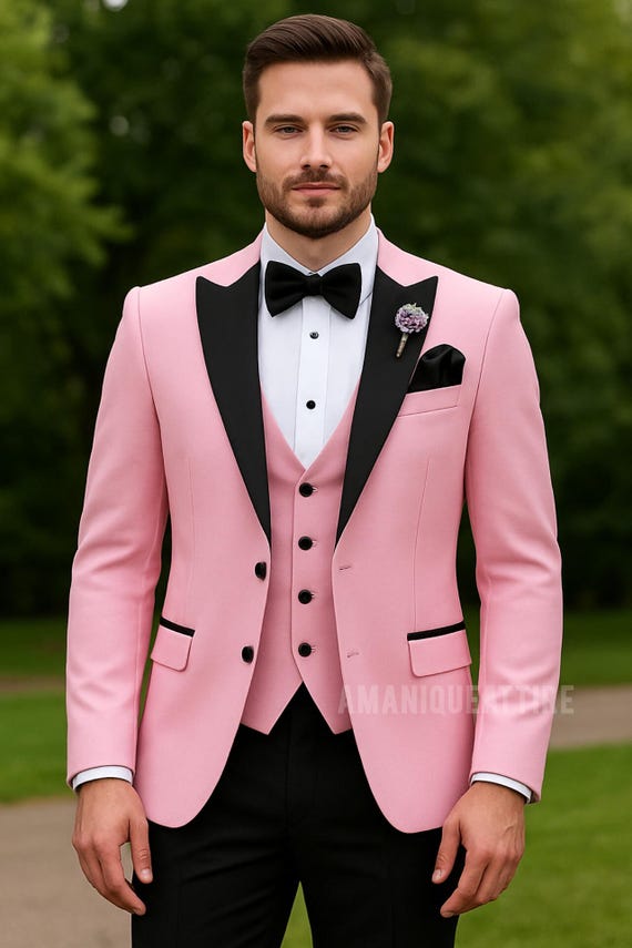 pink dress shirt with black tie Men's Tuxedo | Slim Fit 3 Piece Groom Suit Black Sequin Strapless Bustier Mid Waist Party Dress 17.5 Neck / 35 Color:Ivory+Apricot