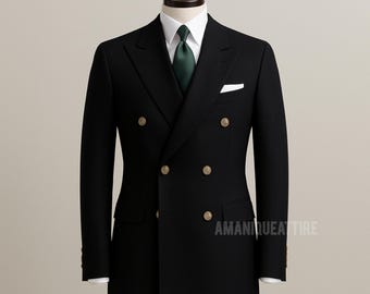 Black double breasted men's suit | Custom tailored wedding outfit