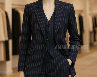 Completo da donna a tre pezzi blu navy a righe sottili / Blazer su misura, gilet e pantaloni a gamba larga