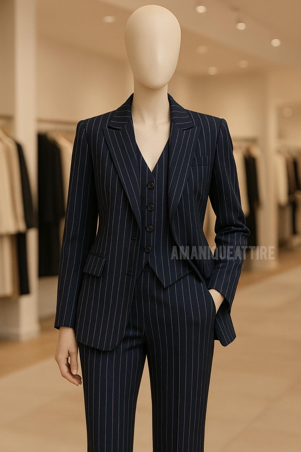 Dark Navy Blue Pinstripe Three Piece Women’s Suit Tailored Blazer — free download