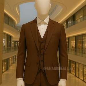 Men’s Brown Slim-Fit 3 Piece Suit | Custom Wool Blend Wedding Suit for Groom | Formal Business & Prom Suit | Personalized Sizes Available