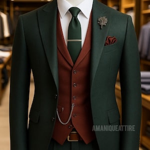 Puede incluir: Un traje verde oscuro con un chaleco color óxido, camisa blanca y corbata verde. El traje presenta un pañuelo de bolsillo, un prendedor y un clip de corbata plateado. La marca "AMANIQUEATTIRE" es visible.