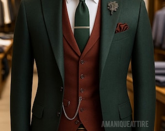 Mens green & red three piece suit | Custom tailored wedding outfit