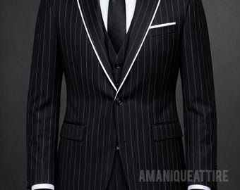 ブラックピンストライプスーツ：カスタム仕立てのスリーピース