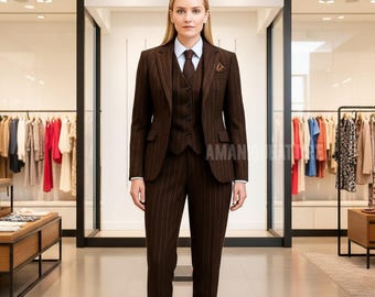 Womens Chocolate Brown Pinstripe 3 Piece Suit | Custom Tailored Outfit