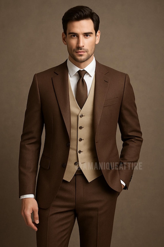 Slim Fit Chocolate Brown Wool Blend Suit: Beige Waistcoat, Custom