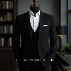 Timeless black 3-piece men&#39;s suit | Luxury Slim Fit Blazer, Waistcoat & Trousers | Custom Tailored for Weddings and Events