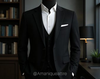 Slim Fit Black 3-Piece Suit: Custom Tailored Blazer, Waistcoat & Trousers