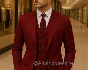 メンズ バーガンディ 3ピーススーツ – スリムフィット ウェディング