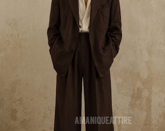 Traje de lino marrón de dos piezas para hombre, confeccionado a medida.