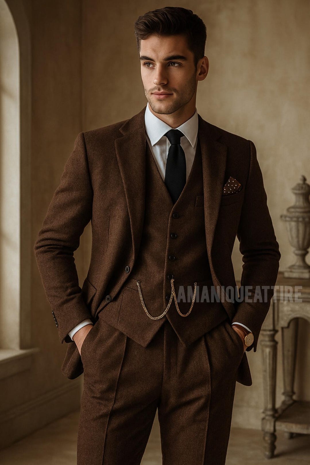 ブラウンツイード3ピーススーツ｜ベストとパンツ付きカスタムメイド