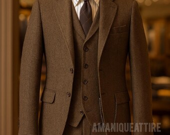 ブラウンツイード3ピーススーツ、カスタム仕立てのフォーマルウェア