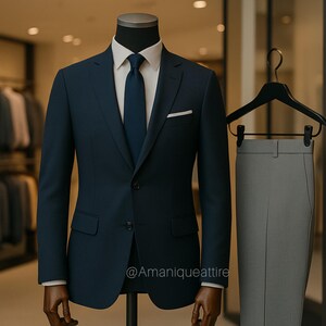 2-piece men suit blue with grey pant| Rich Blue Blazer with Grey Trousers| Elegant Formal Wear for Weddings, Parties & Business Events