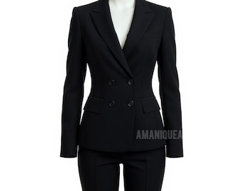 Women's black double breasted blazer with matching pants | Custom tailored office wear