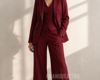Womens 3 piece burgundy pinstripe custom tailored suit