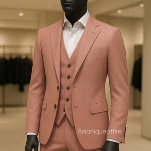 Men’s Blush Pink 3 Piece Suit | Slim Fit Groom Wedding Suit | Custom Tailored Formal Suit for Men | Prom, Party & Business Wear