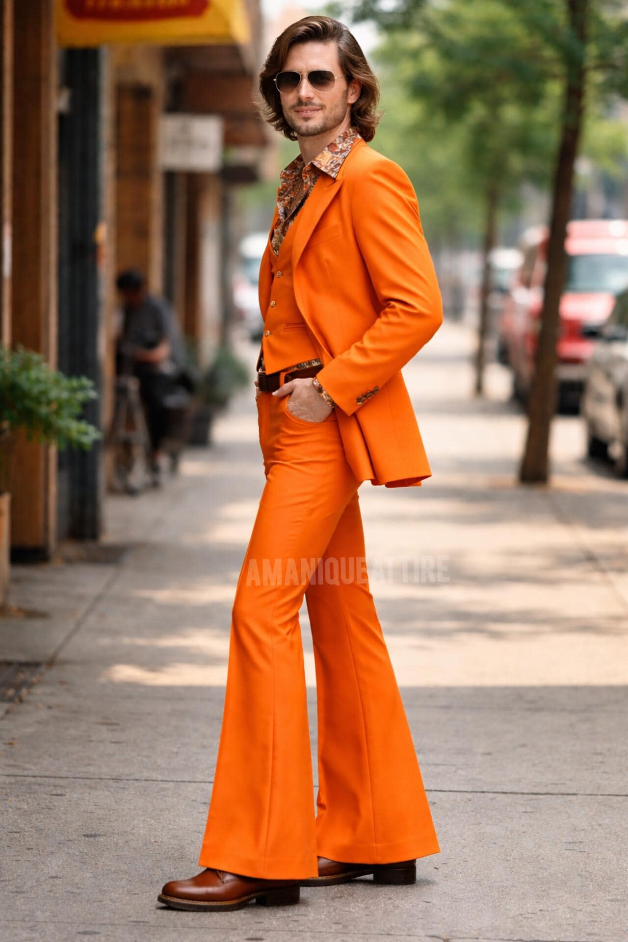 Mens Orange 70s Disco Three Piece Suit | Custom Tailored Retro