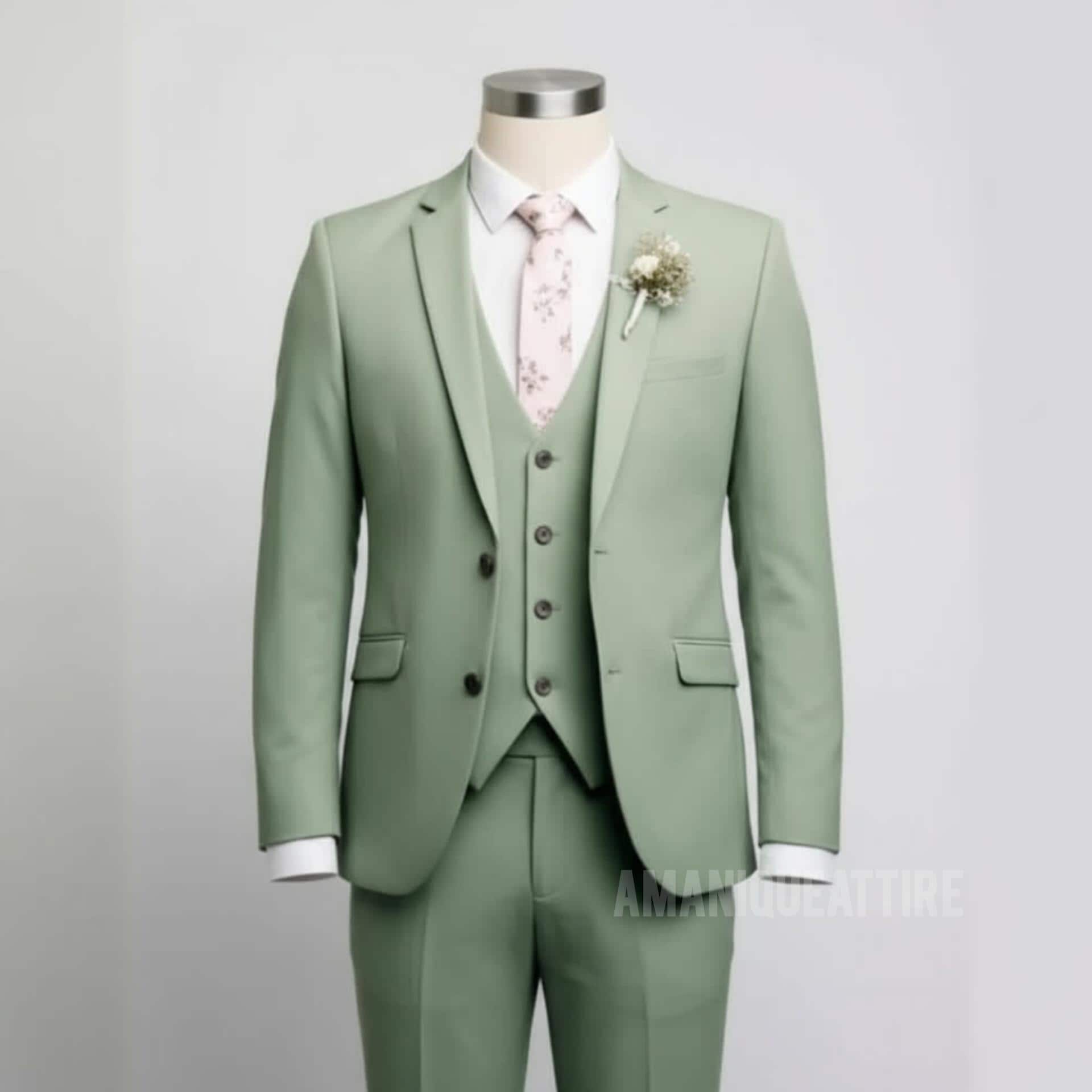 MKLHAVB Completo da Uomo Slim Fit Verde Salvia da 3 Pezzi (Giacca Gilet Pantaloni), Smoking da Sposo, Blazer da Cerimonia, Blazer da Festa.(M
