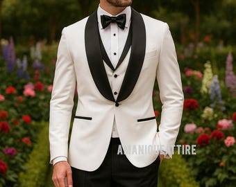Custom Tailored White & Black Tuxedo: 3-Piece Formal Suit
