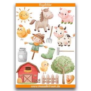 Könnte beinhalten: Ein Bogen mit farbenfrohen Aufklebern zum Thema Bauernhof mit einer lächelnden Sonne, einem Pferd, einem Schwein, einem Huhn, einer Kuh, einer Vogelscheuche, einem Milchkrug, einem Stiefel, einer Harke, einer Scheune, einem Küken, einem Baum und einem Zaun.