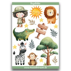 17 Bügelbilder randlos Set Safari / Iron on / Hot Peel / Bügelbild Applikation Kinder bügeln Bügeleisen Löwe Affe Zebra DTF DIN A4 DIN A5