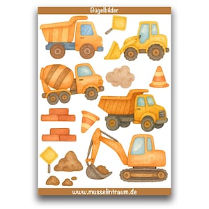 12 Bügelbilder Set Baustelle / Iron on / Hot Peel / Bügelbild Applikation Kinder aufbügeln Bügeleisen Bagger randlos Auto DTF DIN A4 DIN A5