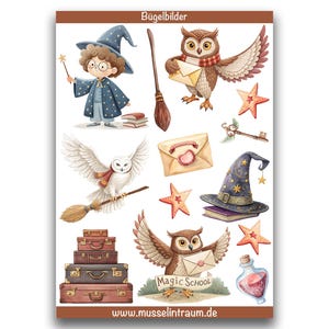 Könnte beinhalten: Aquarellillustrationen mit magischen Elementen wie einem Zauberer, Eulen, Sternen, einem Hexenhut, einem Besen und Zaubertränken. Die Bilder sind in einem skurrilen Stil gehalten und eignen sich perfekt für Bastel- oder Dekorationsprojekte.