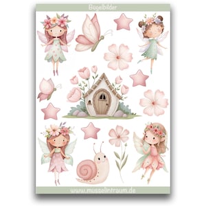 Könnte beinhalten: Ein Bogen Bügelbilder mit Aquarellillustrationen von Feen, Schmetterlingen, Blumen, Sternen und einem Feenhaus in sanften Pastellfarben. Der Text "Bügelbilder" steht oben.