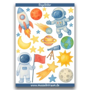 25 Bügelbilder Set Weltall / Iron on / Hot Peel / Bügelbild Applikation Kinder aufbügeln Bügeleisen Astronaut Rakete DTF DIN A4 DIN A5
