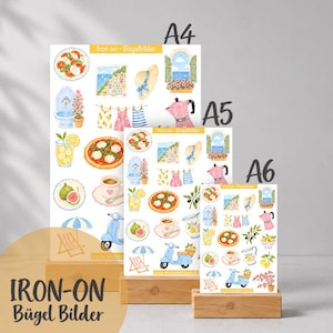 Könnte beinhalten: Drei Bögen mit Bügelbildern in den Größen A4, A5 und A6, die jeweils eine Sammlung bunter Aquarellillustrationen zeigen, darunter eine Pizza, ein blauer Roller, eine Kaffeekanne, ein Strohhut, ein Sonnenschirm und mediterrane Küstenszenen.