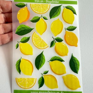 Könnte beinhalten: Transparente Bügelbild-Folie mit Abbildungen von gelben Zitronen und grünen Blättern. Das Design umfasst ganze Zitronen, Zitronenscheiben und -spalten. Der Text oben lautet "Iron on - Bügelbilder" und die Website www.musseltraum.de befindet sich unten.
