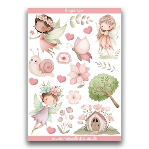 Könnte beinhalten: Ein Bogen mit Bügelbildern mit Aquarellillustrationen von Feen, Blumen, einer Schnecke, Herzen und einem Feenhaus. Die Farbpalette umfasst Rosa-, Grün- und Brauntöne. Der Text "Bügelbilder" steht oben.