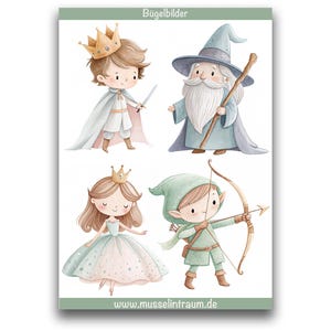 Könnte beinhalten: Ein Bogen mit Bügelbildern mit vier skurrilen Märchenfiguren. Die Figuren umfassen einen Prinzen mit Krone, einen Zauberer mit Stab, eine Prinzessin im Kleid und einen Bogenschützen mit Pfeil und Bogen. Der Text "Bügelbilder" steht oben.