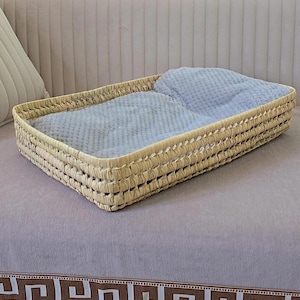 Peut inclure: Un panier pour animaux de forme rectangulaire avec un cadre en paille tressée et un intérieur en peluche bleu clair. Le lit est posé sur une surface marron clair, suggérant un espace confortable pour un petit animal.
