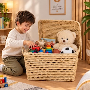 Peut inclure: Un panier de rangement rectangulaire tressé avec un couvercle à charnière, rempli de divers jouets dont un ours en peluche beige, un ballon de football, un ballon de basket, une girafe en peluche, un camion rouge et des anneaux empilables.