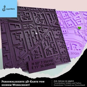 May include: A dark purple 3D-printed map of a city, with detailed street and building representations. The map includes coordinates and the text "PERSONALISIERTE 3D-KARTE VON DEINEM WUNSCHORT!" in German. A second, lighter purple map is visible in the background.