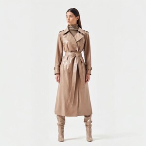 Handmade Women’s Long Brown Leather Trench Coat – Long Belted Jacket – Double Breasted Genuine Leather Winter Outerwear Coat