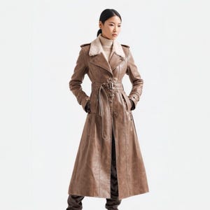 Women’s Long Brown Leather Trench Coat – Shearling Collar Belted Jacket – Double Breasted Genuine Leather Winter Outerwear