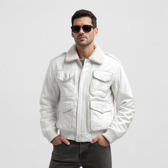 Jaqueta de couro A2 branca masculina, jaqueta bomber vintage