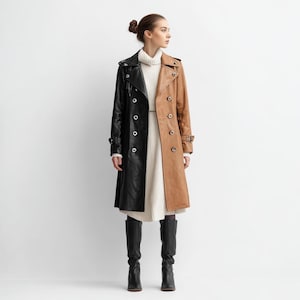 Women’s Two-Tone Leather Trench Coat – Long Double Breasted Belted Jacket – Black and Brown Genuine Leather Outerwear – Winter Fall Fashion