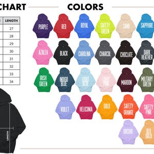 May include: A size chart and color options for hoodies are displayed. The chart shows sizes S to 5XL with width and length measurements in inches. Colors include purple, red, black, and more. A black hoodie is shown with width and length indicators.