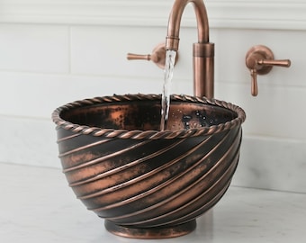 Lavabo de cobre martillado hecho a mano, lavabo de baño de estilo rústico, lavabo de tocador moderno industrial.